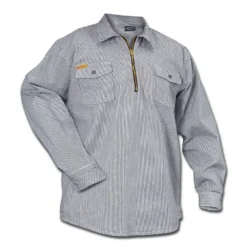 Rugged Work Wear Prison Blues Long Sleeve Zipper-Front Hickory Work Shirt